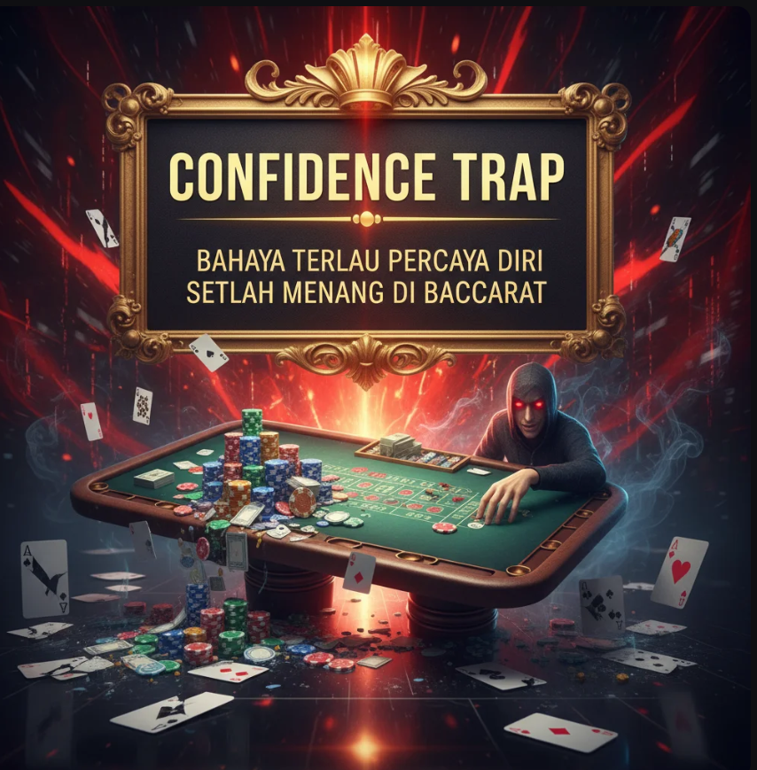 Pemain yang terlihat percaya diri berlebihan di meja Baccarat, dengan visual psikologi dan grafik emosi.
