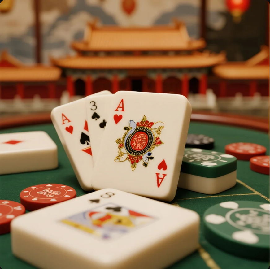 Ilustrasi meja Baccarat dengan sentuhan estetika Asia dan simbol keberuntungan