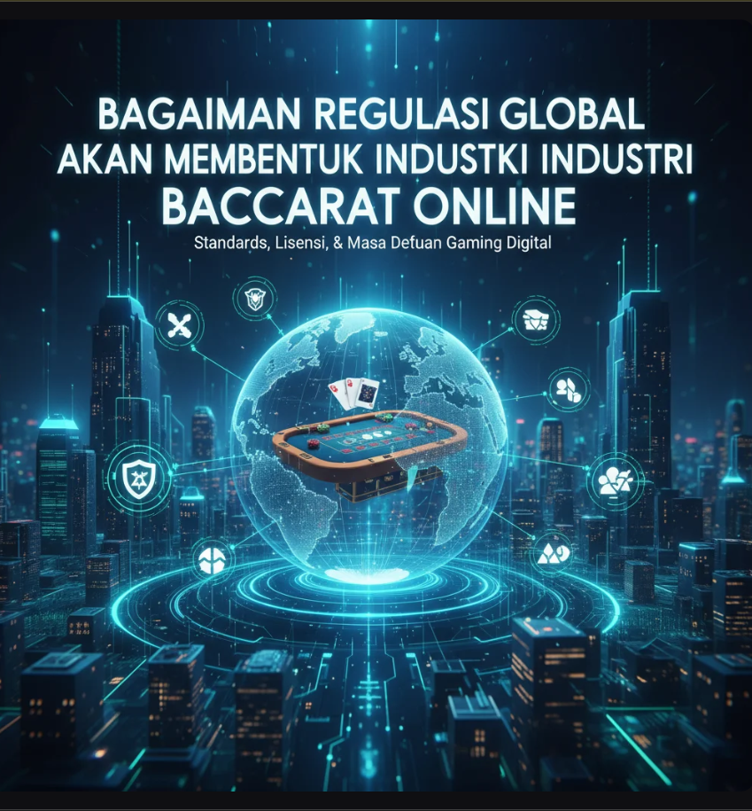 Ilustrasi regulator global dan sistem blockchain digital yang saling terhubung dalam ekosistem hiburan online.