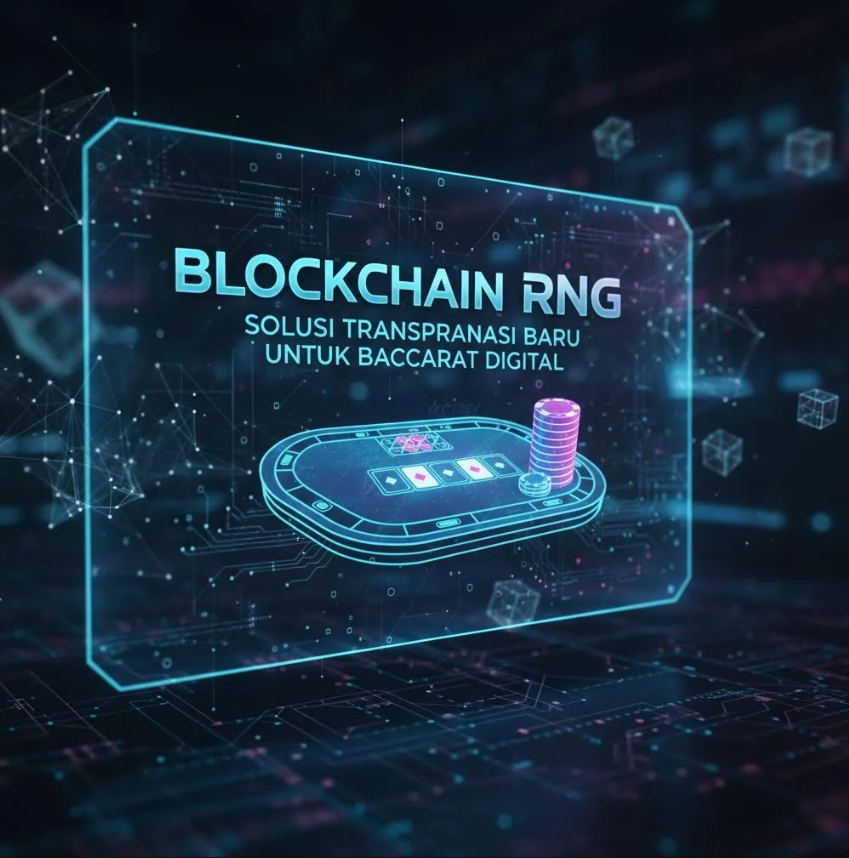 Ilustrasi kartu baccarat digital dengan jaringan blockchain transparan