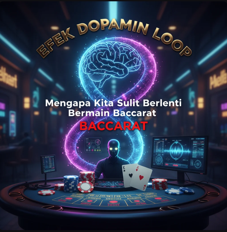 Ilustrasi otak manusia yang terhubung dengan kartu kasino, menunjukkan efek dopamin dan siklus perilaku.