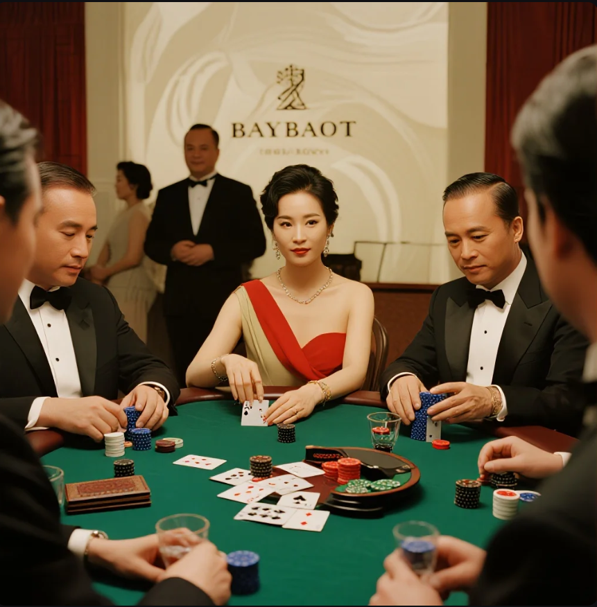 Adegan film Asia modern yang menampilkan meja Baccarat dengan gaya elegan