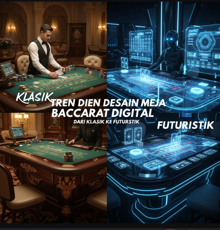 Desain meja Baccarat digital futuristik dengan cahaya biru holografik dan elemen visual interaktif.
