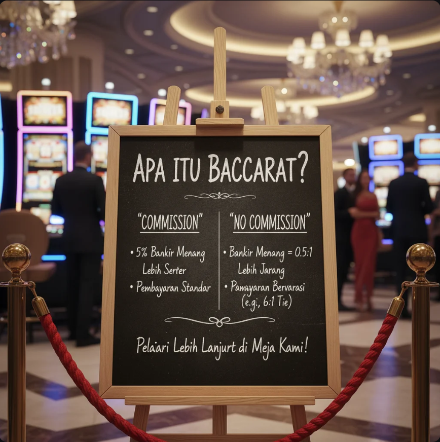Dua meja Baccarat berdampingan, satu dengan tulisan Commission dan satu lagi No Commission, menampilkan chip dan kartu di atas meja hijau.