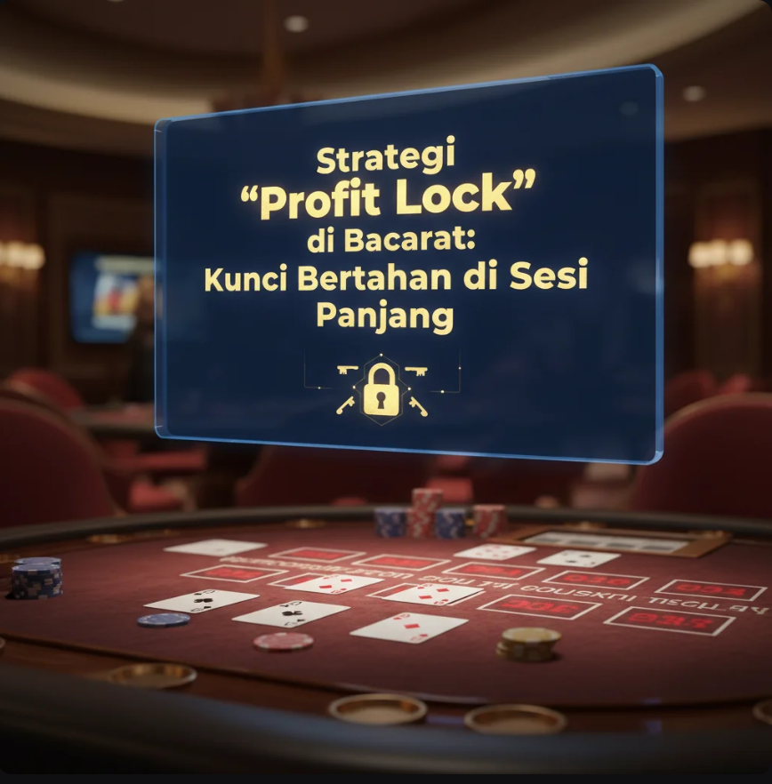Ilustrasi strategi profit lock di baccarat dengan pembagian modal dan kontrol kemenangan.