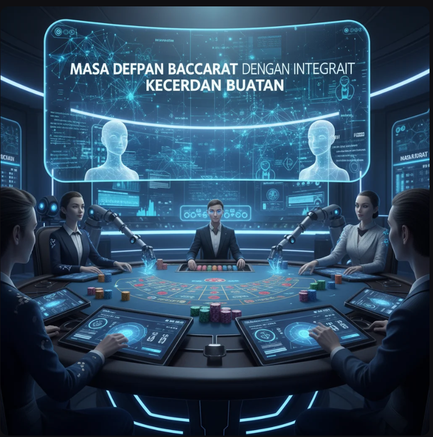 Dealer virtual AI sedang membagikan kartu Baccarat di meja digital futuristik.