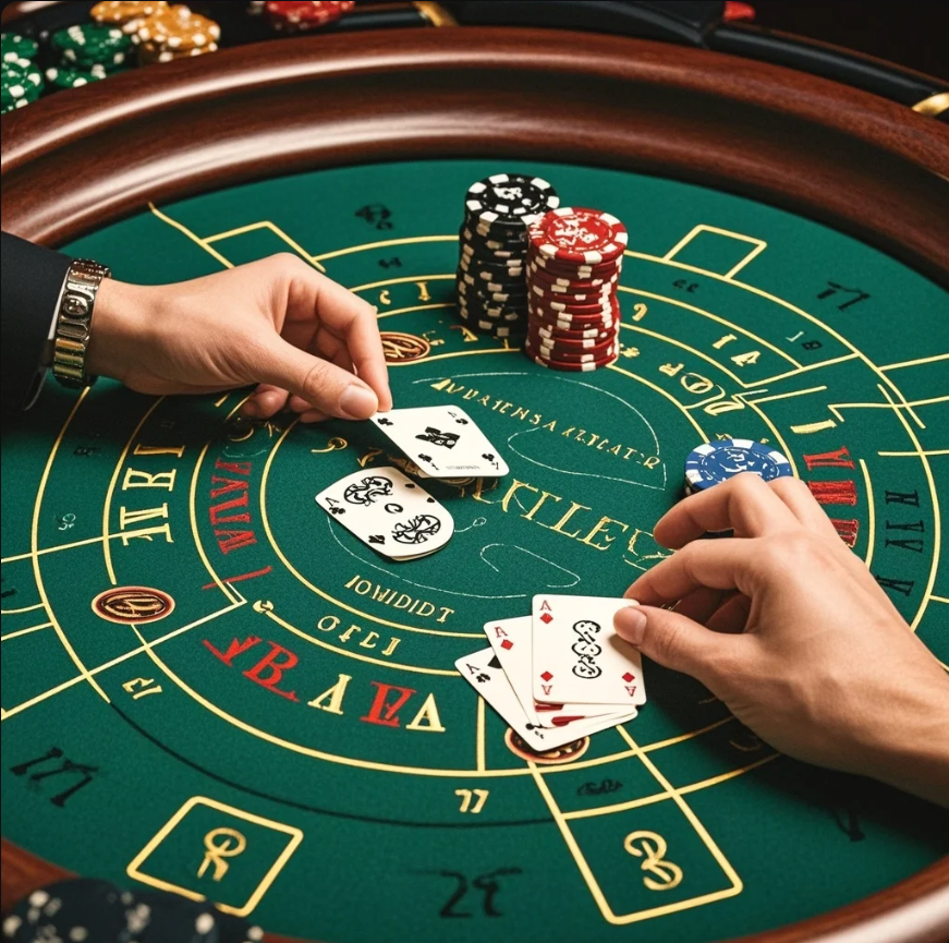 Jam dinding dan chip baccarat di meja, dengan catatan batas waktu dan batas budget sebagai pengingat bermain bertanggung jawab