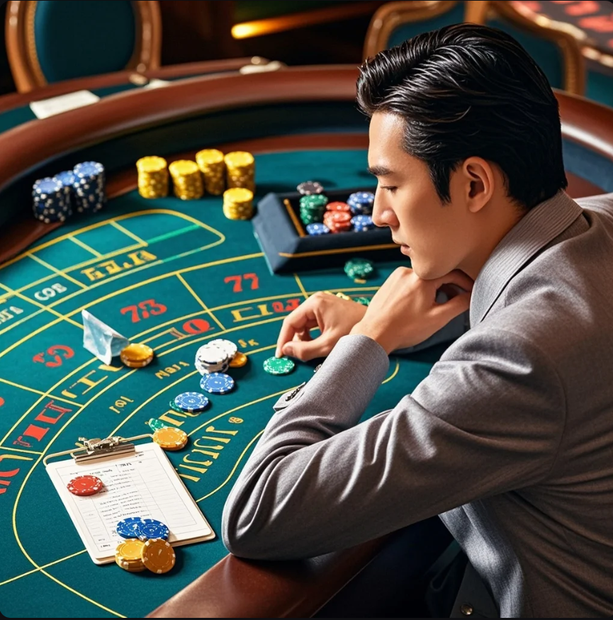 Seseorang menandai checklist batas uang dan waktu sebelum bermain, dengan ikon peringatan dan jam