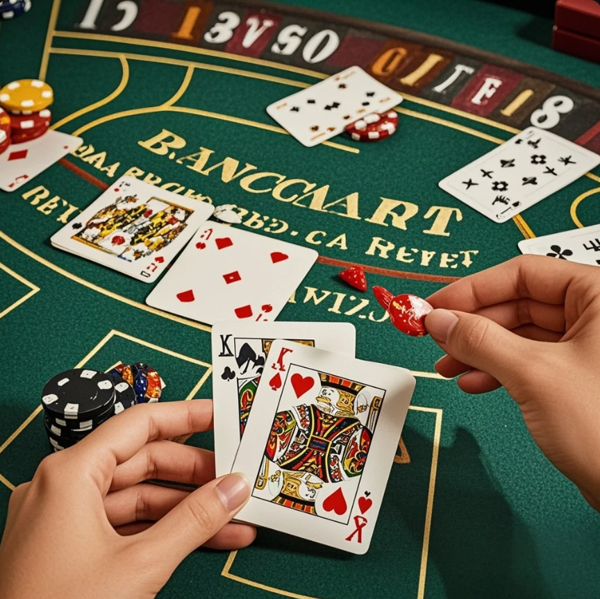 Kartu remi dan chip kasino tersusun rapi di atas meja hijau dengan suasana elegan