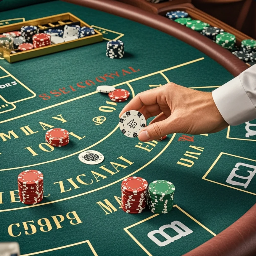 Ilustrasi meja baccarat dengan kartu, chip, dan suasana kasino yang elegan