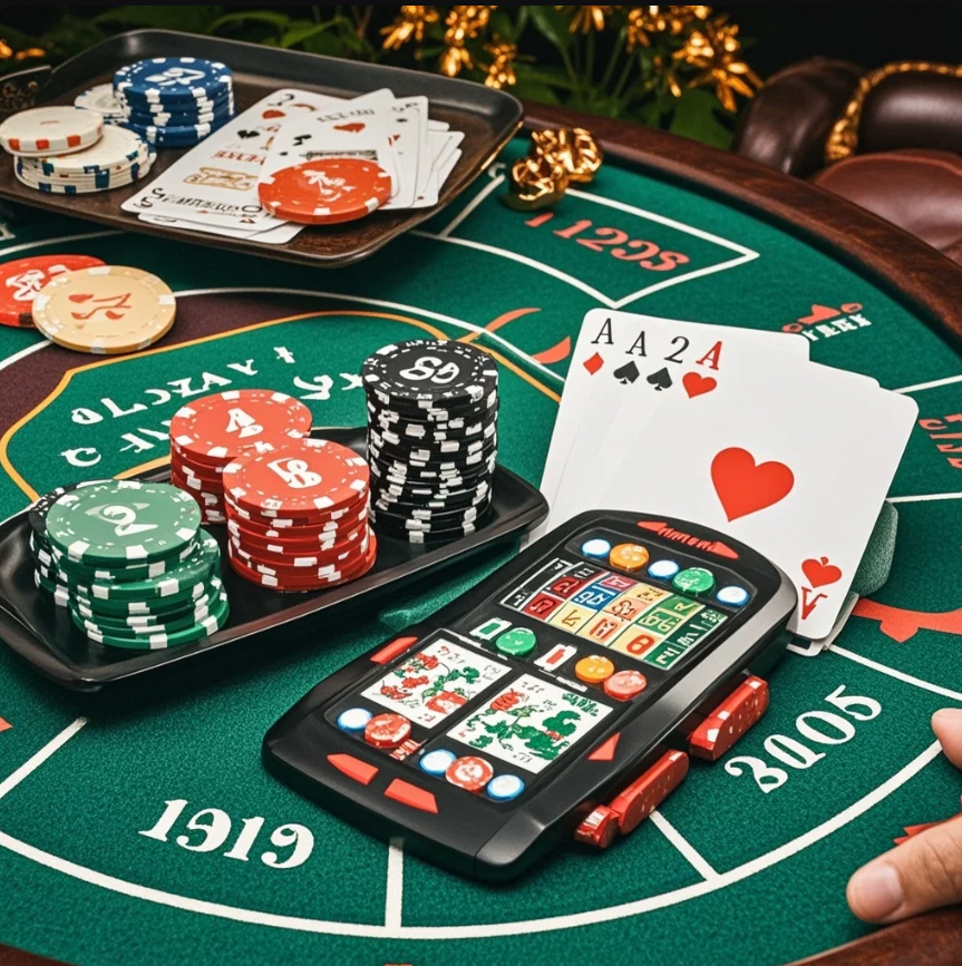 Ilustrasi pemain kasino online Jepang memilih Baccarat di layar ponsel dengan nuansa neon Tokyo