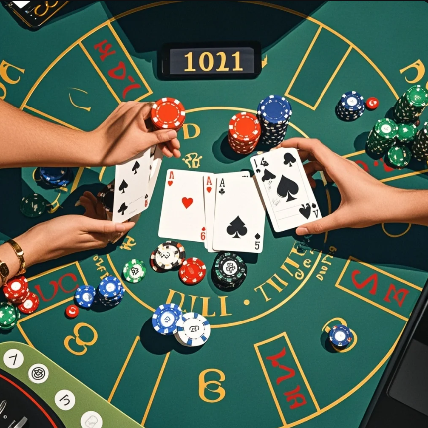 Split visual layar: sisi kiri meja baccarat digital dengan UI, sisi kanan dealer live di studio dengan kamera dan meja kartu