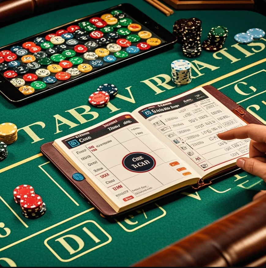 Tampilan layar menunjukkan papan statistik baccarat (bead plate dan big road) dengan suasana meja kasino digital
