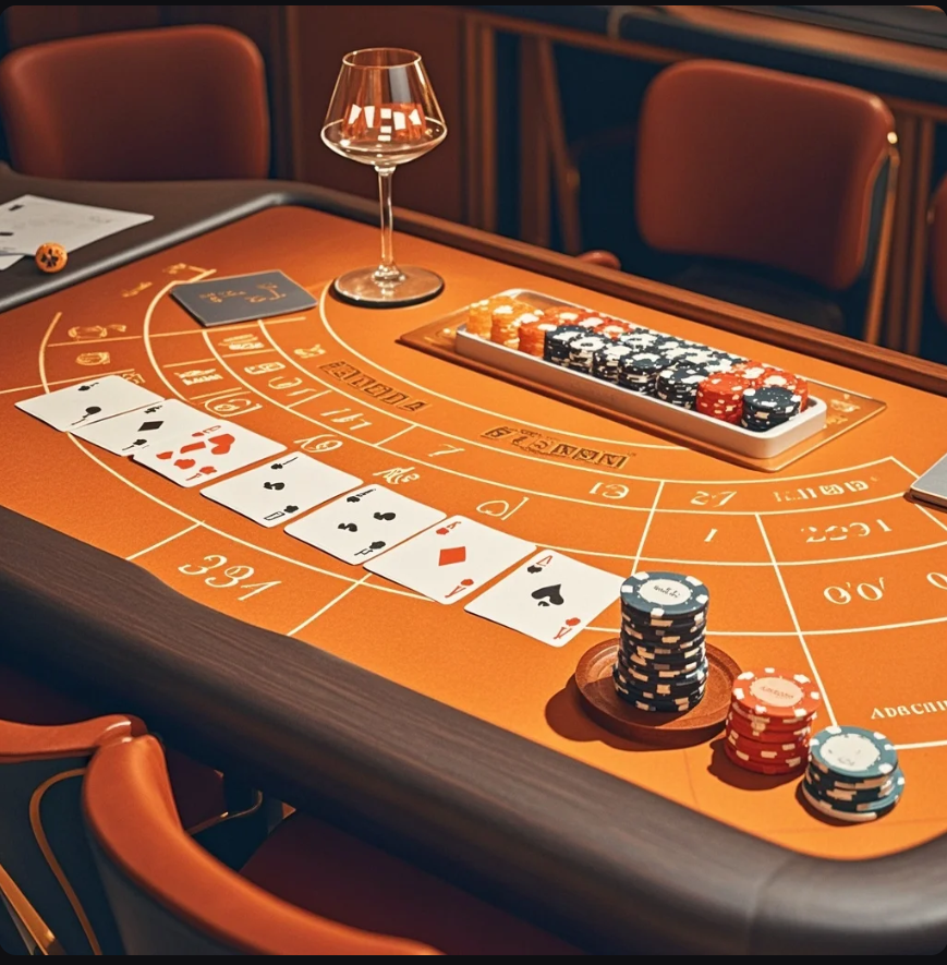 Ilustrasi meja Baccarat dengan kartu dan grafik probabilitas, menampilkan konsep peluang dan ketidakpastian